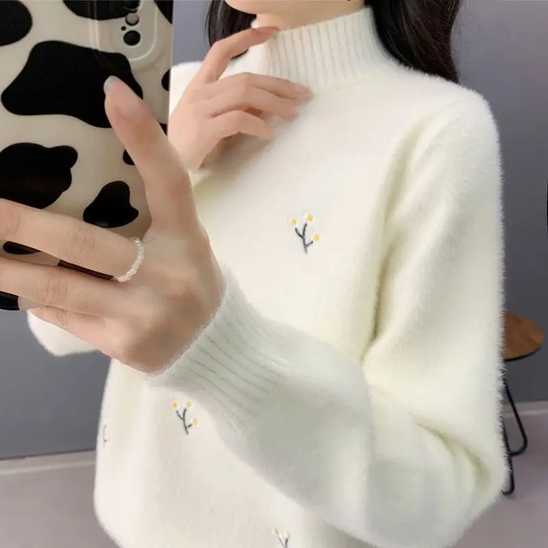 

Thiened вязаный теплый свитер из искусственной норки, женский новый осенне-зимний свитер с высоким воротником для колледжа, ленивая свободная основа irt