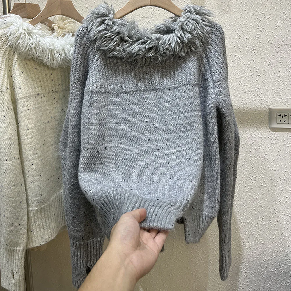 

Winter Women's Sweater Spliced Design Feel Wool Neck Temperament Pullovers Women New Split Knit Tops Fashion Korean Knitwears