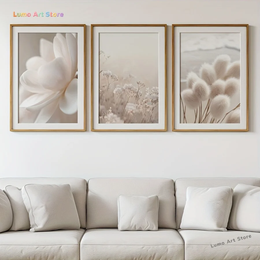 2D Flat, 2D Flat, 3pcs Beige Floral Plant Print Collection, Nature-Inspired Art Posters, Neutral Modern Wall Decor, Nordic Mi