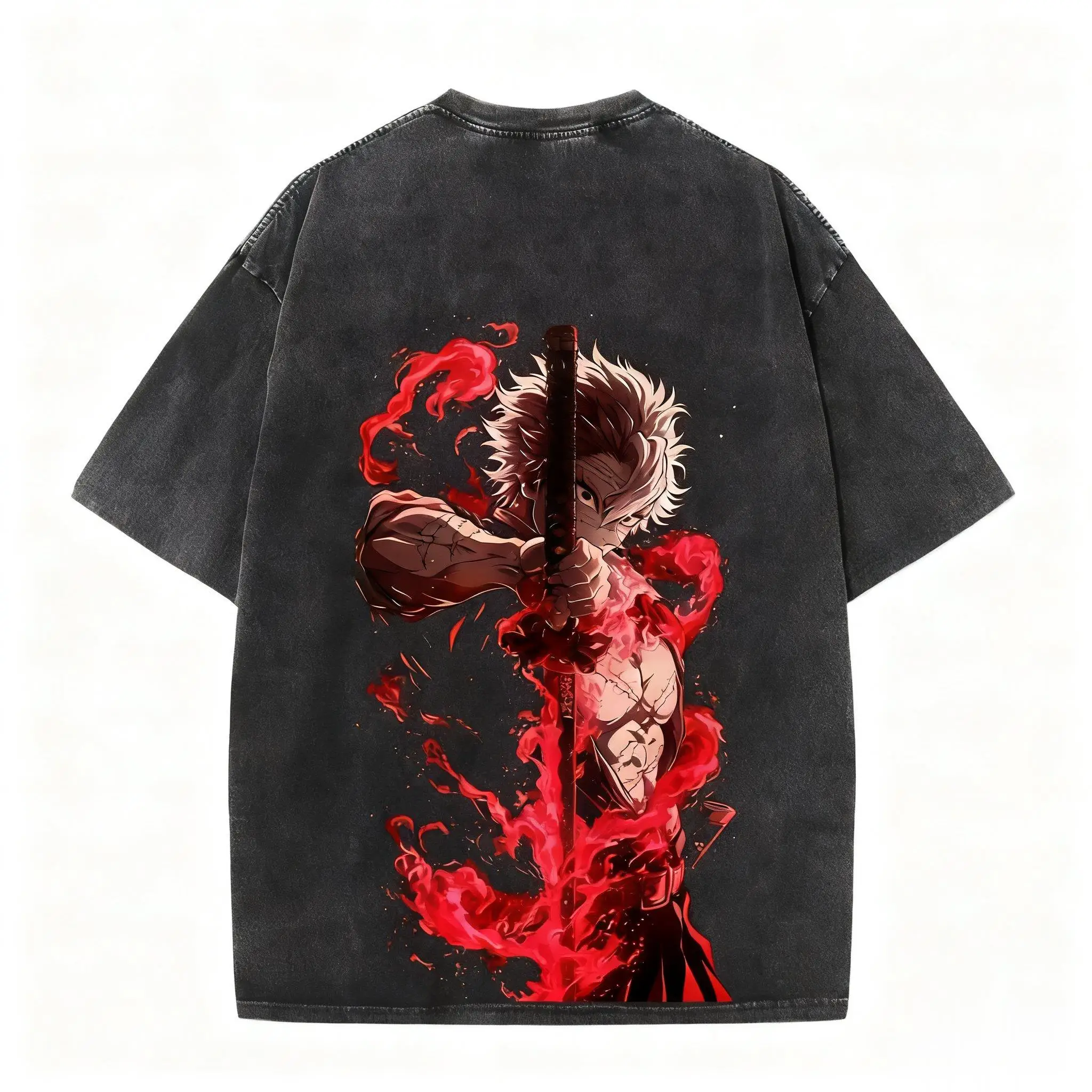 Unisexowa koszulka Harajuku Anime z efektem sprania Demon Slayer Męska Damska Krótki Rękaw Graficzny T-shirt Y2k Ubrania Letnie Streetwear Casualowe Topy