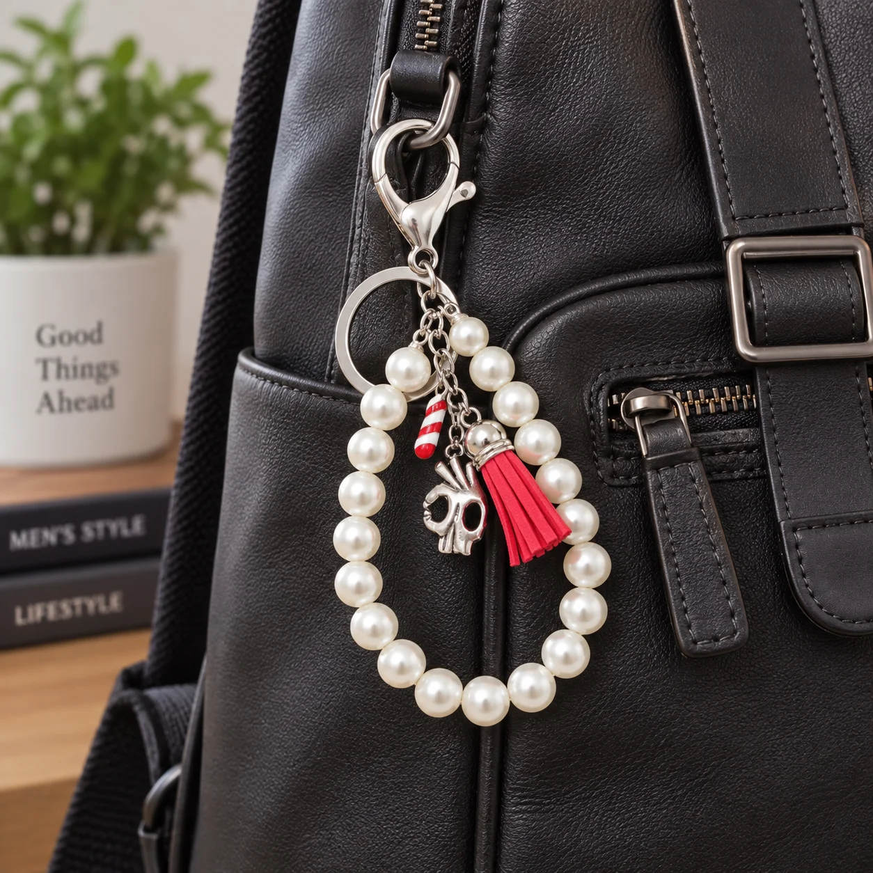 Handmade White Imitation Pearl Strand Red Tassel Gesture Fraternity Keychain Greek Brotherhood Service Jewelry Fashion
