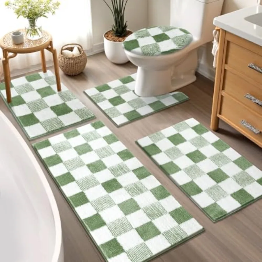 

Checkered Bathroom Rug Sets 5 Pcs Non-Slip Ultra Absorbent Microfiber Bath Mats Machine Washable Plush Shag Ultra Soft Bath Rug