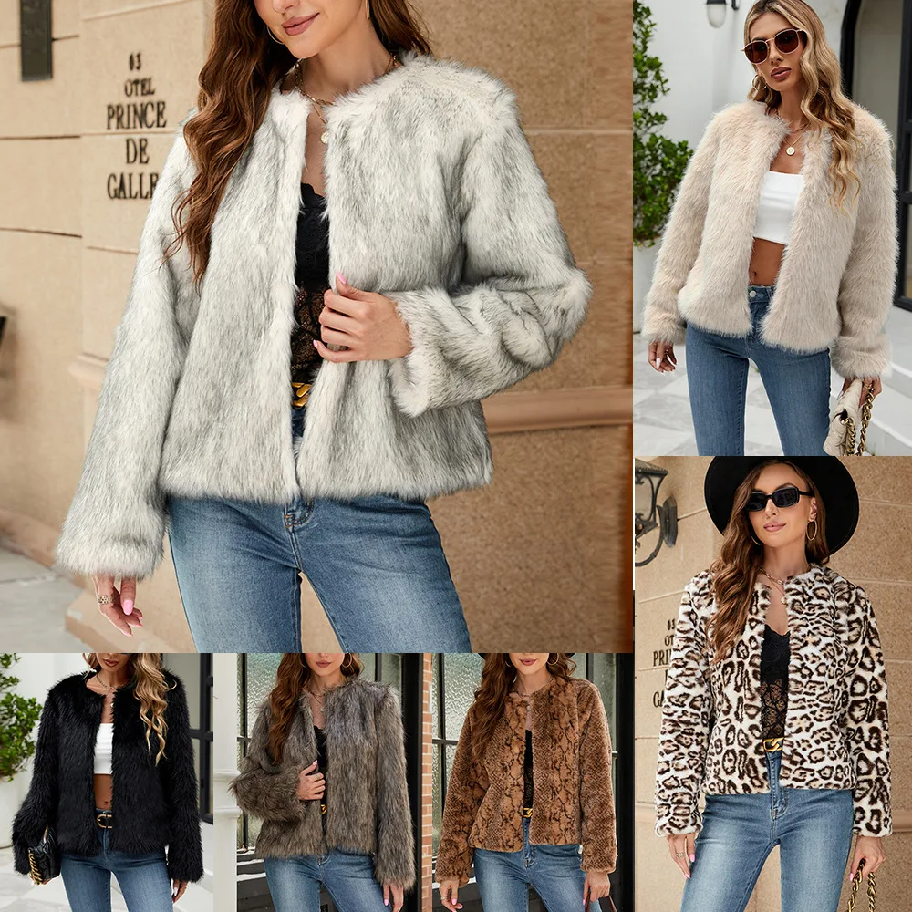 

Faux Fur Coats Women Coat Round Neck Full Sleeve Open Stitch Warm Elegant Splice Autumn Winter Temperament Short Jackets