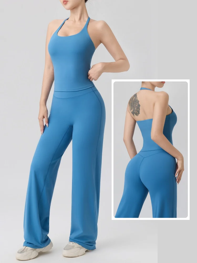 Summer Sports Yoga Set Woman Sexy Backless Halter Bra Solid Color Vest Running Shockproof Quick Drying Push Up Straight Pants