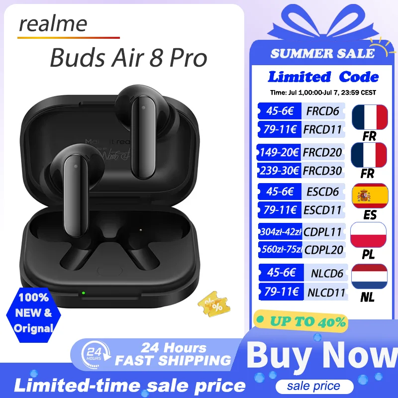 Versione Globale realme Buds Air 8 Pro Auricolari TWS con Cancellazione del Rumore Adattiva 55dB, Modalità Trasparenza, Bluetooth 6.1, IP55