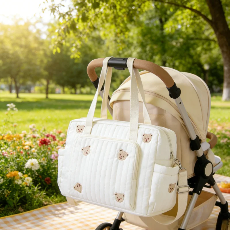 

Korean Style Bear Embroidered Diaper Bag Large Capacity Multi-pocket Nappy Bag Portable Handbag Crossbody Bag for Outdoor Travel