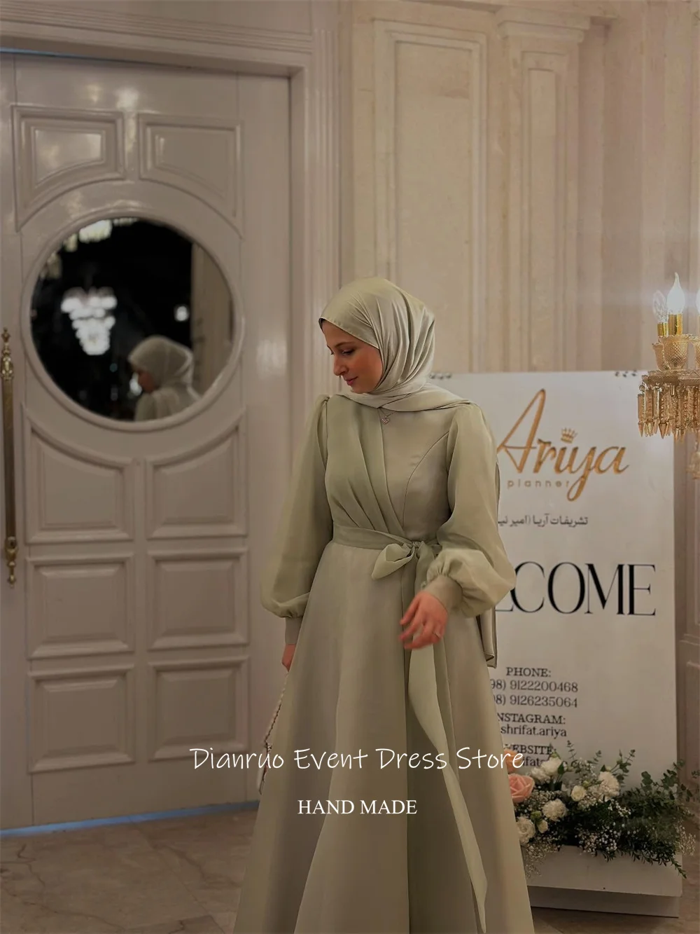 Dianruo Скромный бант Мусульманские вечерние платья длиной до пола Шикарные трапециевидные платья для выпускного вечера Шифоновые плиссированные платья с длинными рукавами فساتين سهرة Индивидуальные