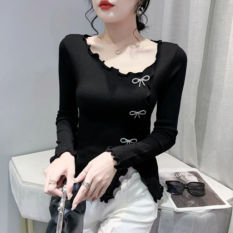 

Fall Winter Knitted Sweater Sexy O-Neck Ruffles Slit Bowknot Diamonds Women's Bottoming Shirt Pullovers Slim Cute New Tops 1019