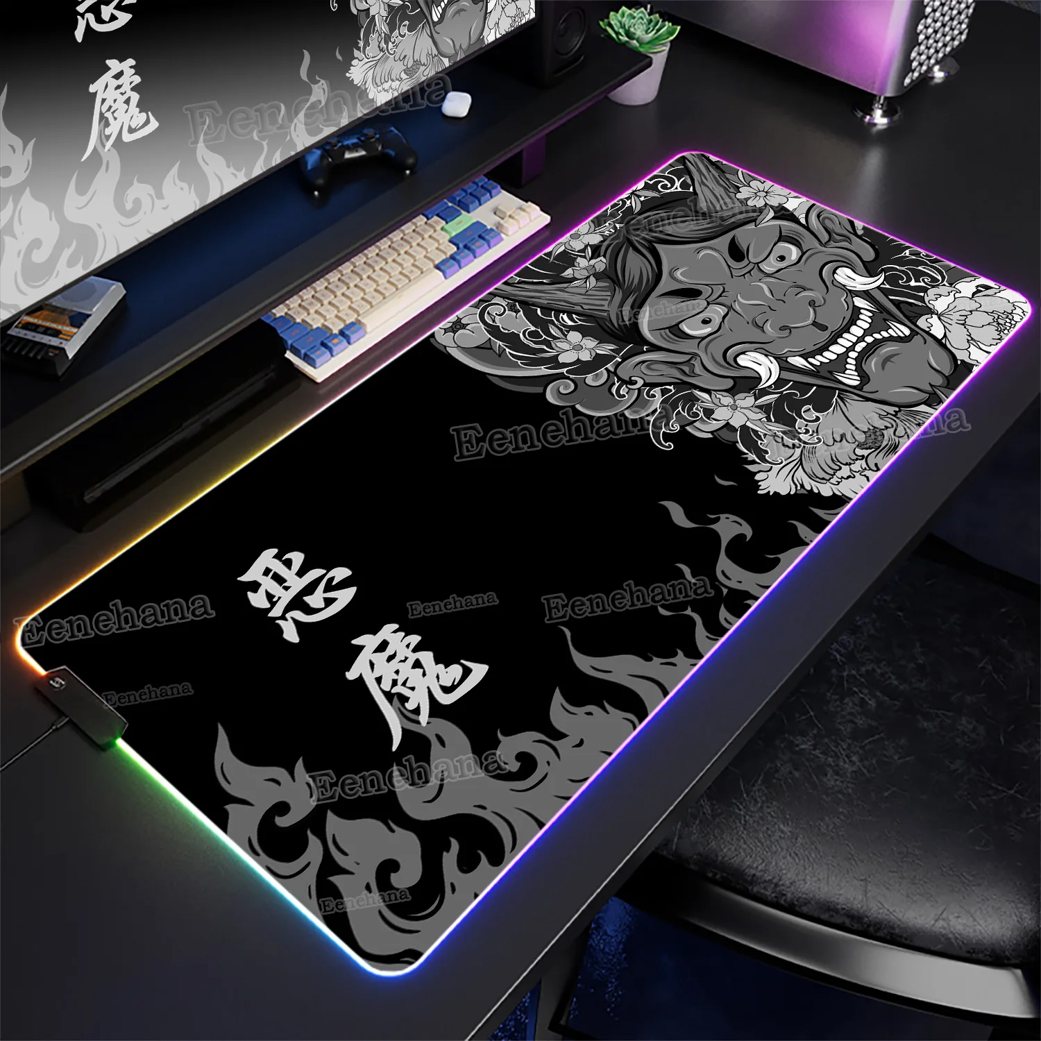 

RGB японский демон, большая маска, коврик для мыши, светодиодная клавиатура, ноутбук, призрак, воин, геймер, офисные настольные коврики, подсветка, игровые аксессуары для ПК