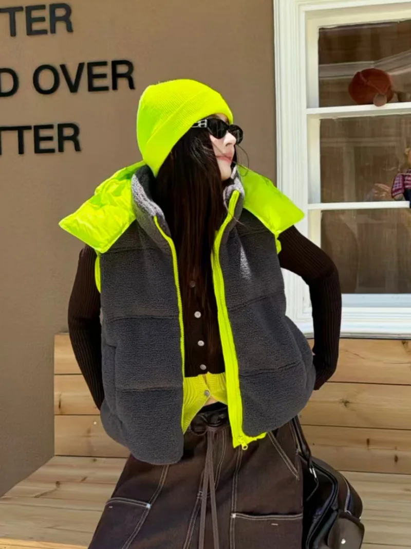 Autumn Winter Hooded Lambhair Down Vest Female Color Blocking Pocket Sleeveless Waistcoat Women White Duck Down Warm Zipper Vest