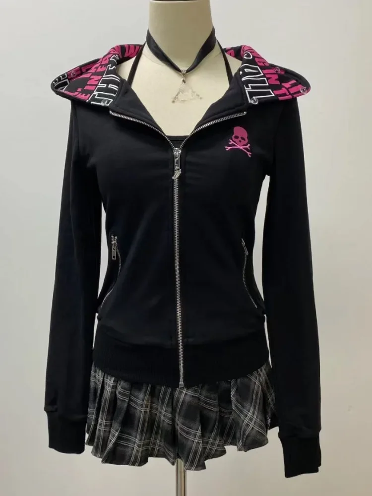 

Y2k Punk Skull Embroidery Hoodies Women Vintage Aesthetic Grunge Zipper Sweatshirt Streetwear Slim Tops Female Gothic Jackets