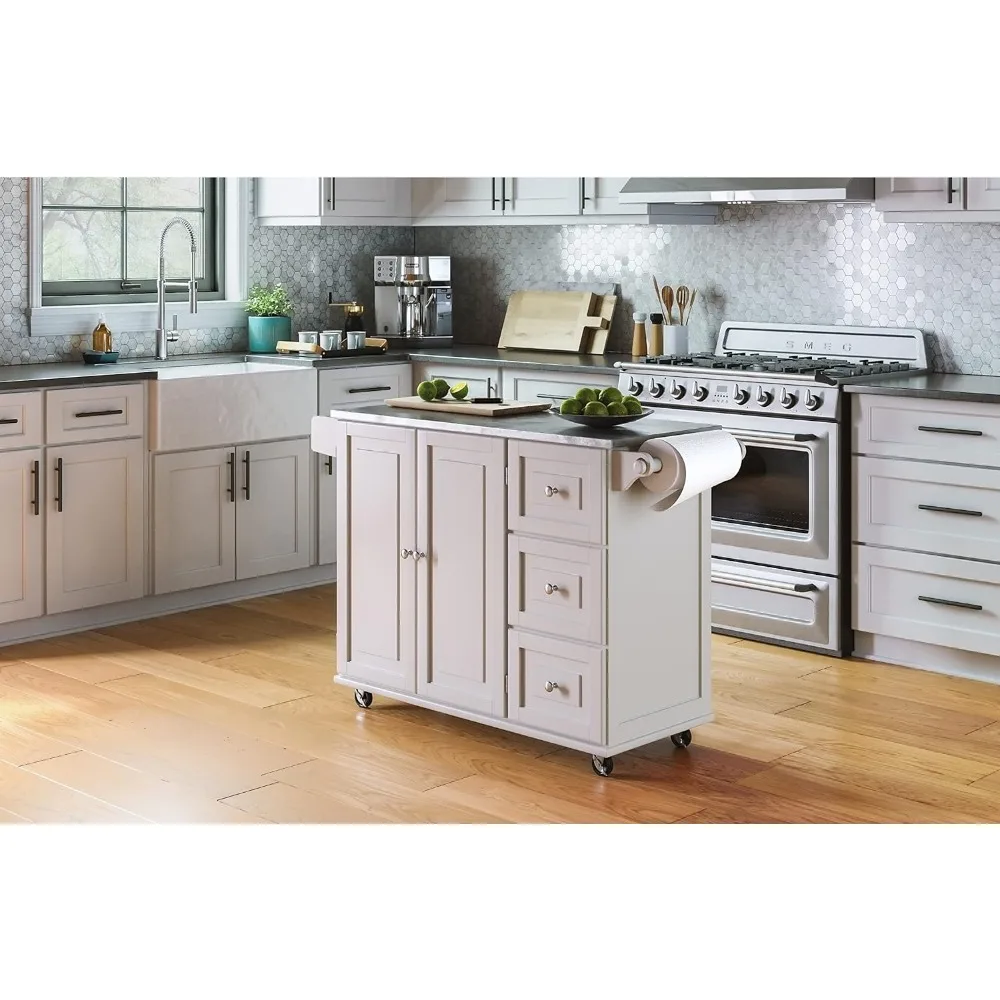 Kitchen Cart with Stainless Steel Metal Top Rolling Mobile Kitchen Island with Storage and Towel Rack 54 Inch Width Off White