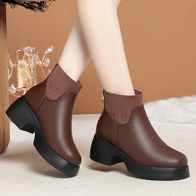 

Comfortable Fashion Soft Leather Boots Women's Platform 2024 Winter Warm Round Head Flexible Med Block Sock Mom Ankle Boots