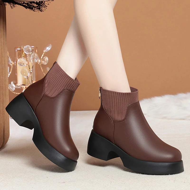 Comfortable Fashion Soft Leather Boots Women's Platform 2024 Winter Warm Round Head Flexible Med Block Sock Mom Ankle Boots