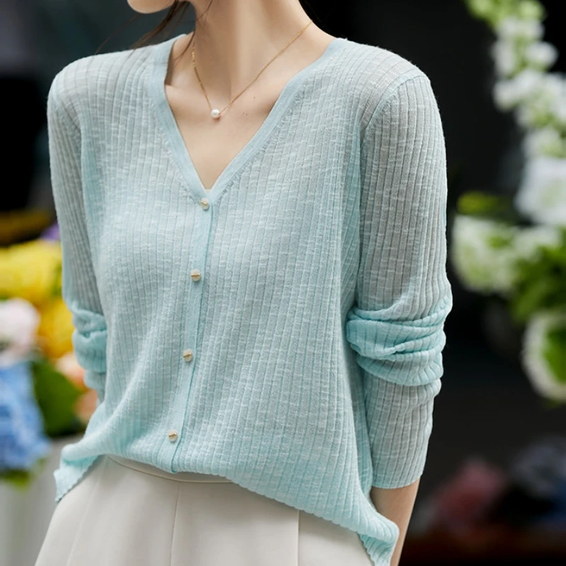 V-Neck Sun Protection Cardigan For Women\'s Summer Thin Breathable Long Sleeved Solid Color Luxury Knitted Sweater Cardigan Top