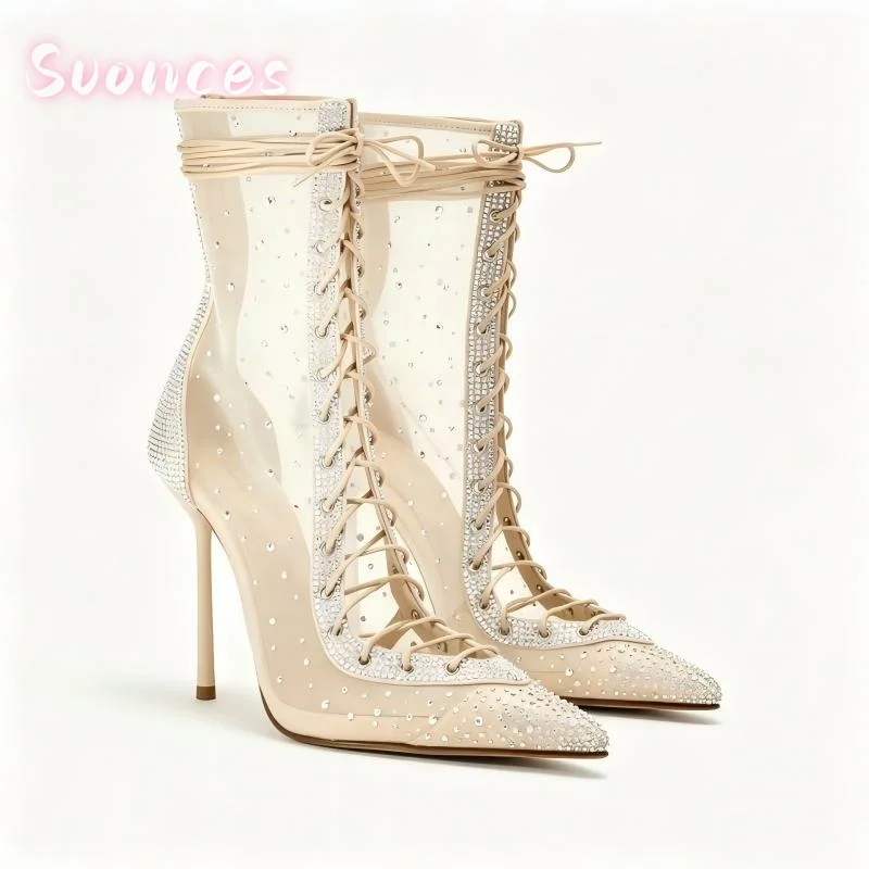 Sparkling Rhinestone Mesh Stiletto Heel Pointed Toe Lace Up Detail Side Zip Closure See Through Wedding Fashion Ankle Boots