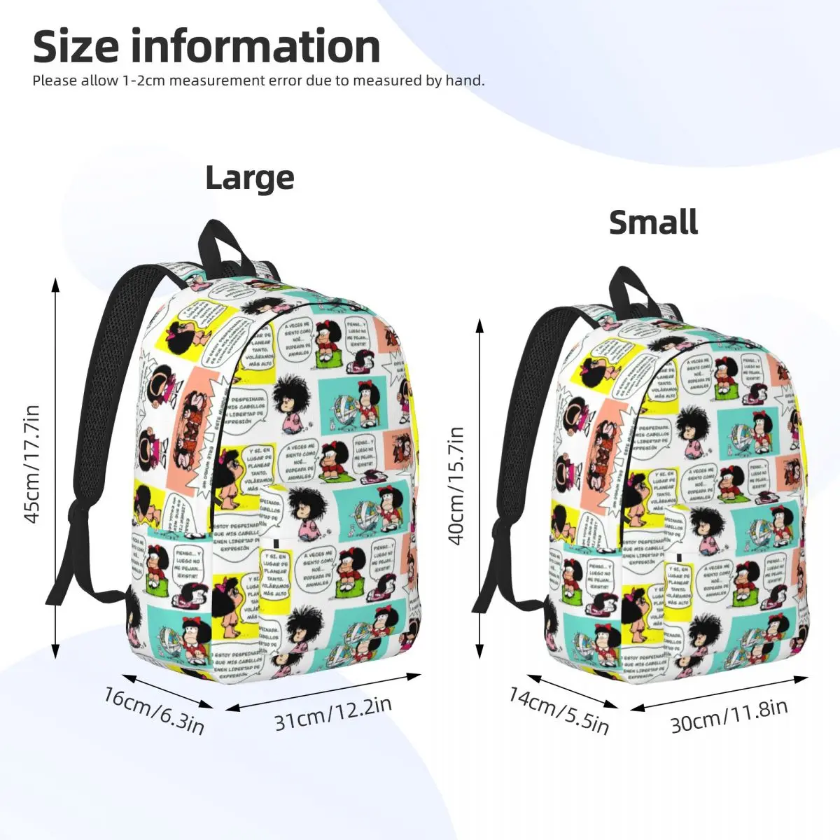 Mochila portátil manga para homens e mulheres, bolsa casual para escola, estudante universitário, bolsa de desenho kawaii, Quino Mafalda