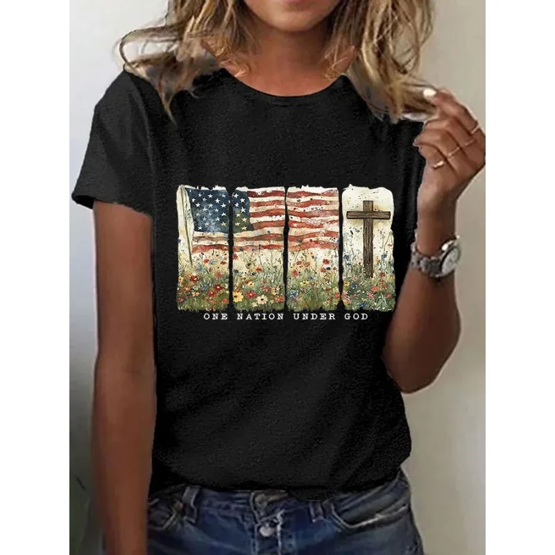ilstile Women's One Nation Under God Print T-Shirts Summer Short Sleeve Casual Round Neck Tops Tees Black White Blue T Shirt