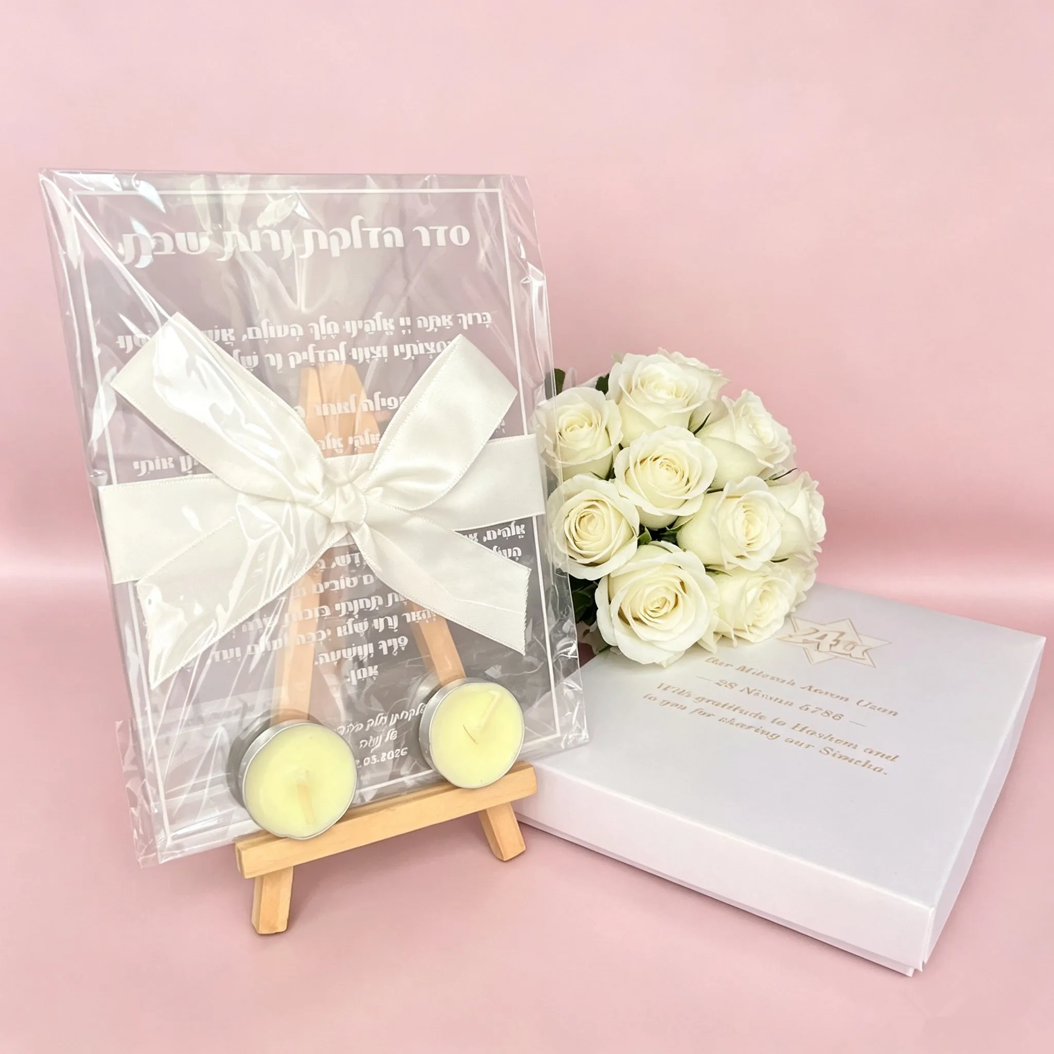 10pcs Personalize Shabbat Candle Lighting Card with Box Hebrew Chanukah Memory White Ink Print Bar Mitzvah Prayer Card Wood Base