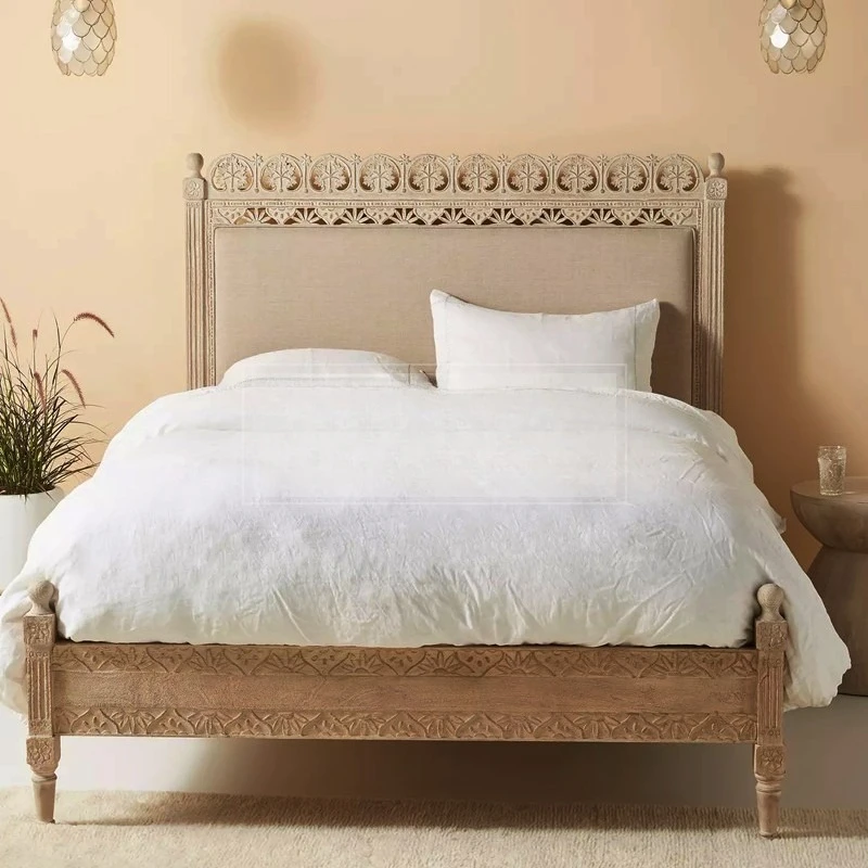 

Простая французская кровать из цельного дерева, американская резная мягкая спинка, кровать 1,5 м 1,8 м, винтажная двуспальная кровать с мягкой обивкой, мебель для главной спальни