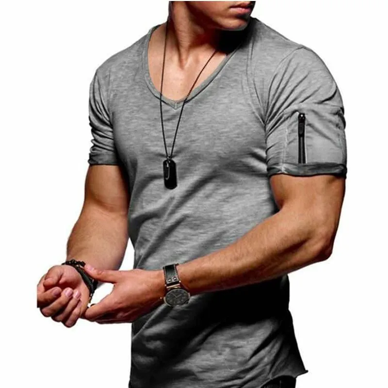 2024 Summer New Cotton Blended Men\'s Fashion Casual T-shirt V-neck Thin Solid Color T-shirt Sports Street Loose Top