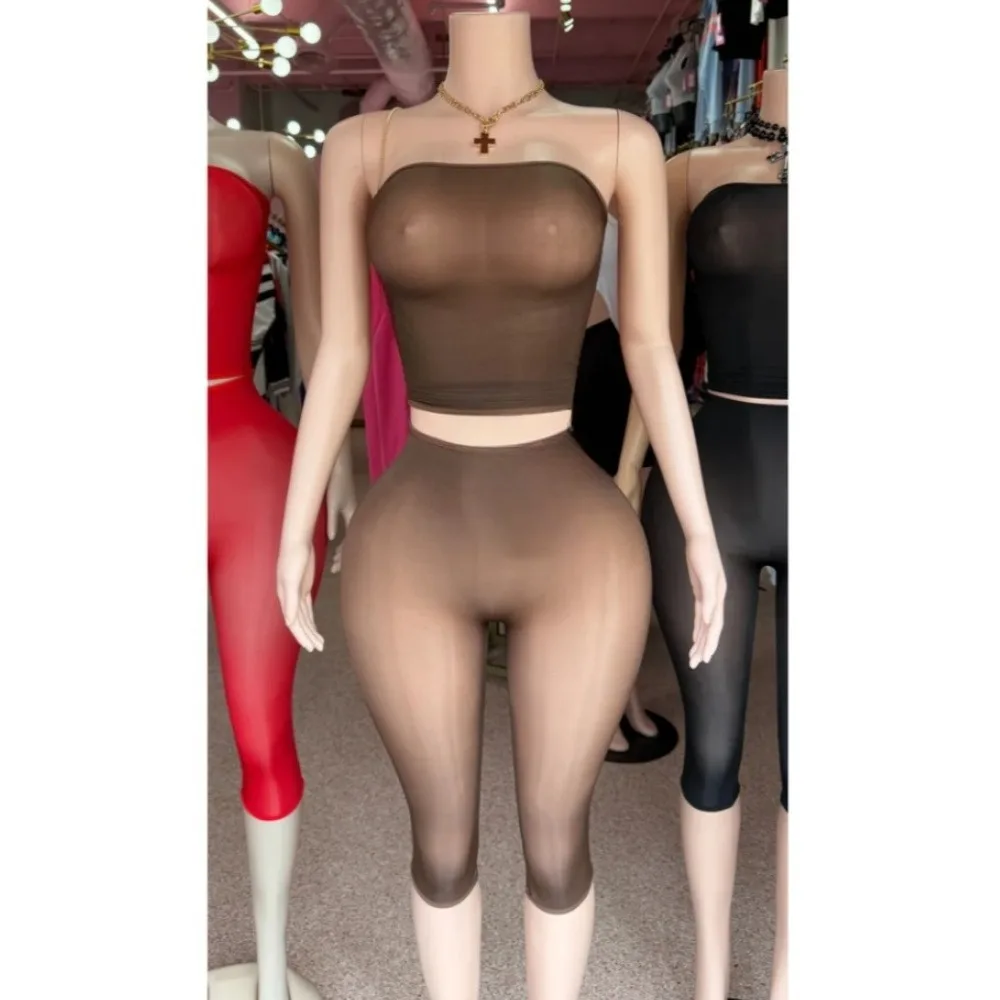 STYLISH LADY See Through Mesh Sexy 2 Piece Set Women Strapless Crop Top and High Waist Capri Pant 2026 Summer Club Party Outfits view 5