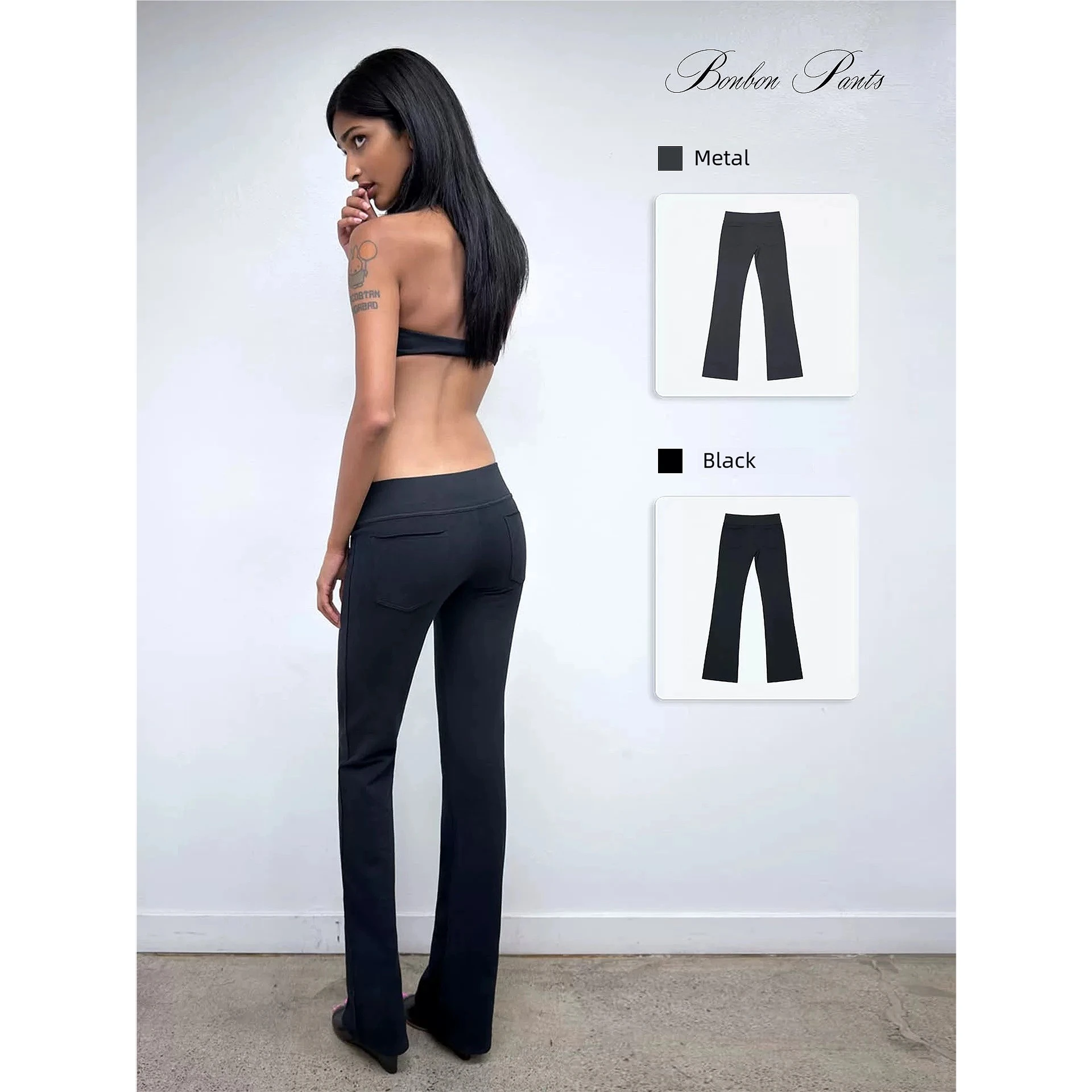 Tank Dark Grey Ribbed-Waistband Low-Rise Sweatpants Slight-Flare Casual Floor-Length Trousers Butt-Lifting Black Form-Fitting