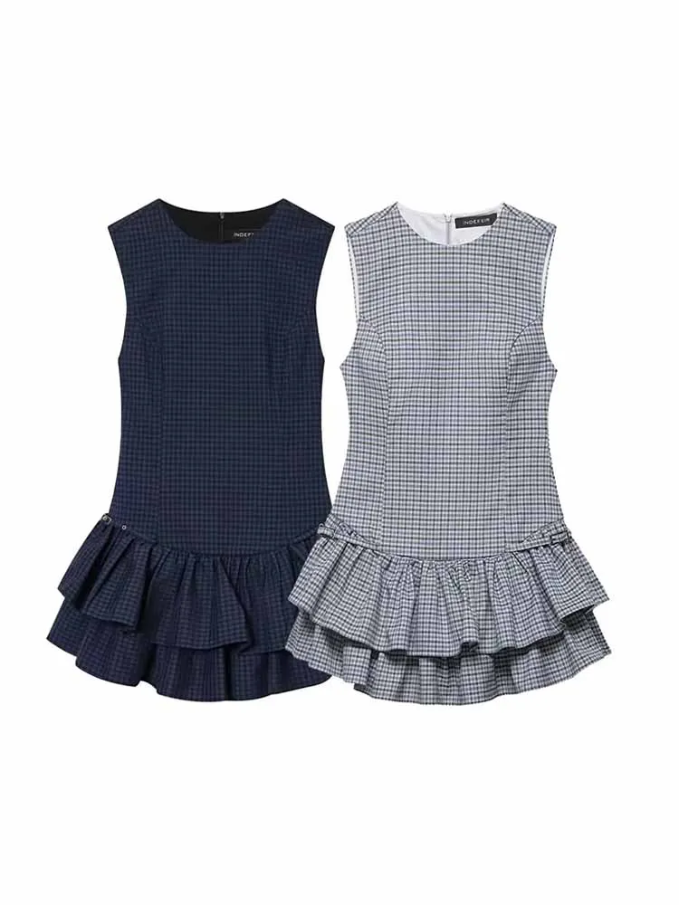 

Женский весенний модный комбинезон без рукавов с круглым вырезом, многослойным декором и клетчатым узором, короткое платье в повседневном стиле для женщин