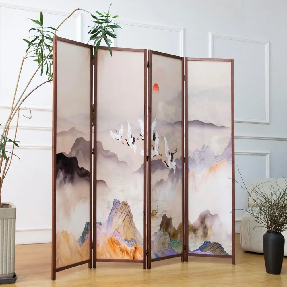 Folding Double-Sided Room Divider Screen with Colorful Landscape Design, 67 High x 63 Wide