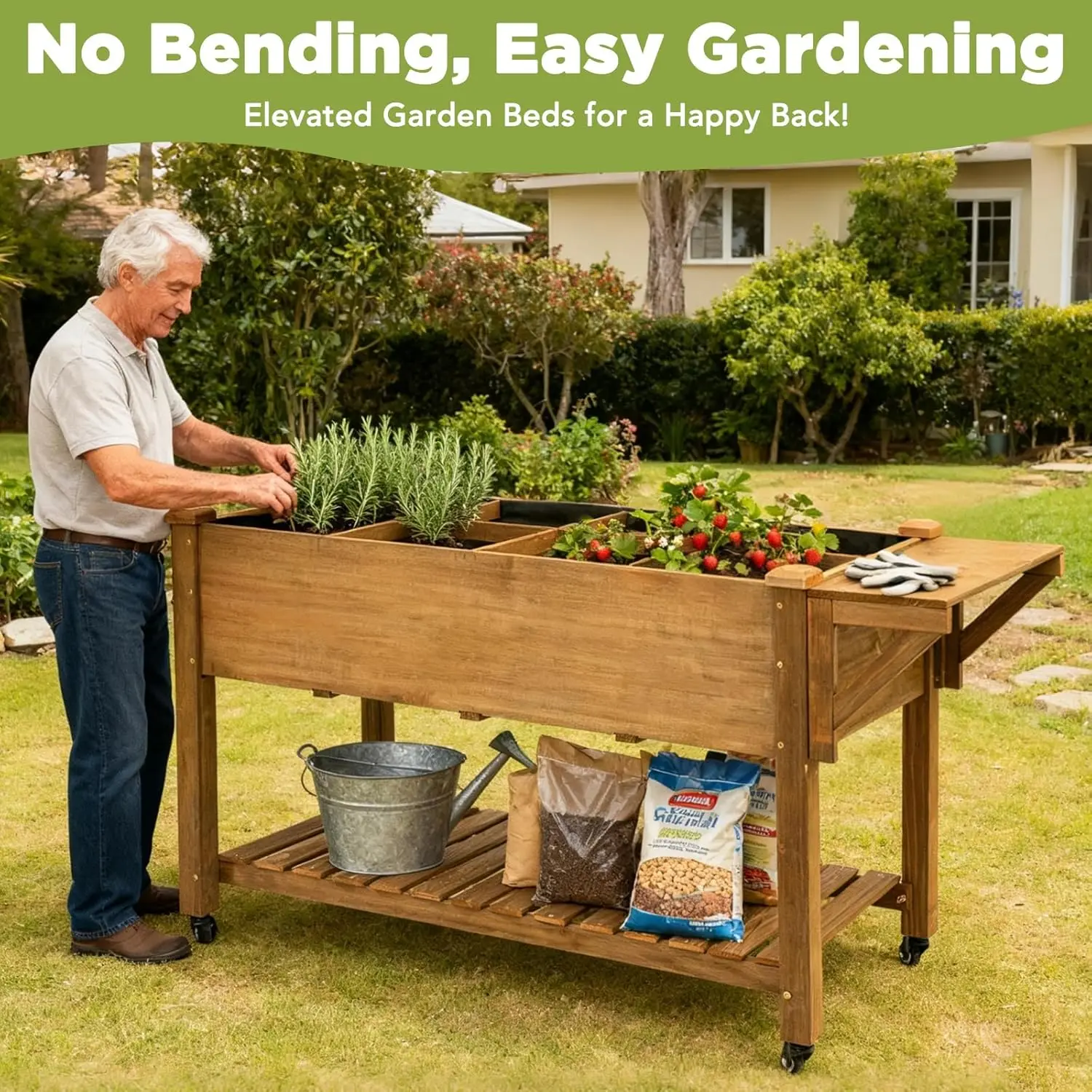 Outdoor Garden Bed with Wheels, Storage Shelf, Protective Liner, Table Ledge for Vegetable, Herb, and Flower Cultivation view 3