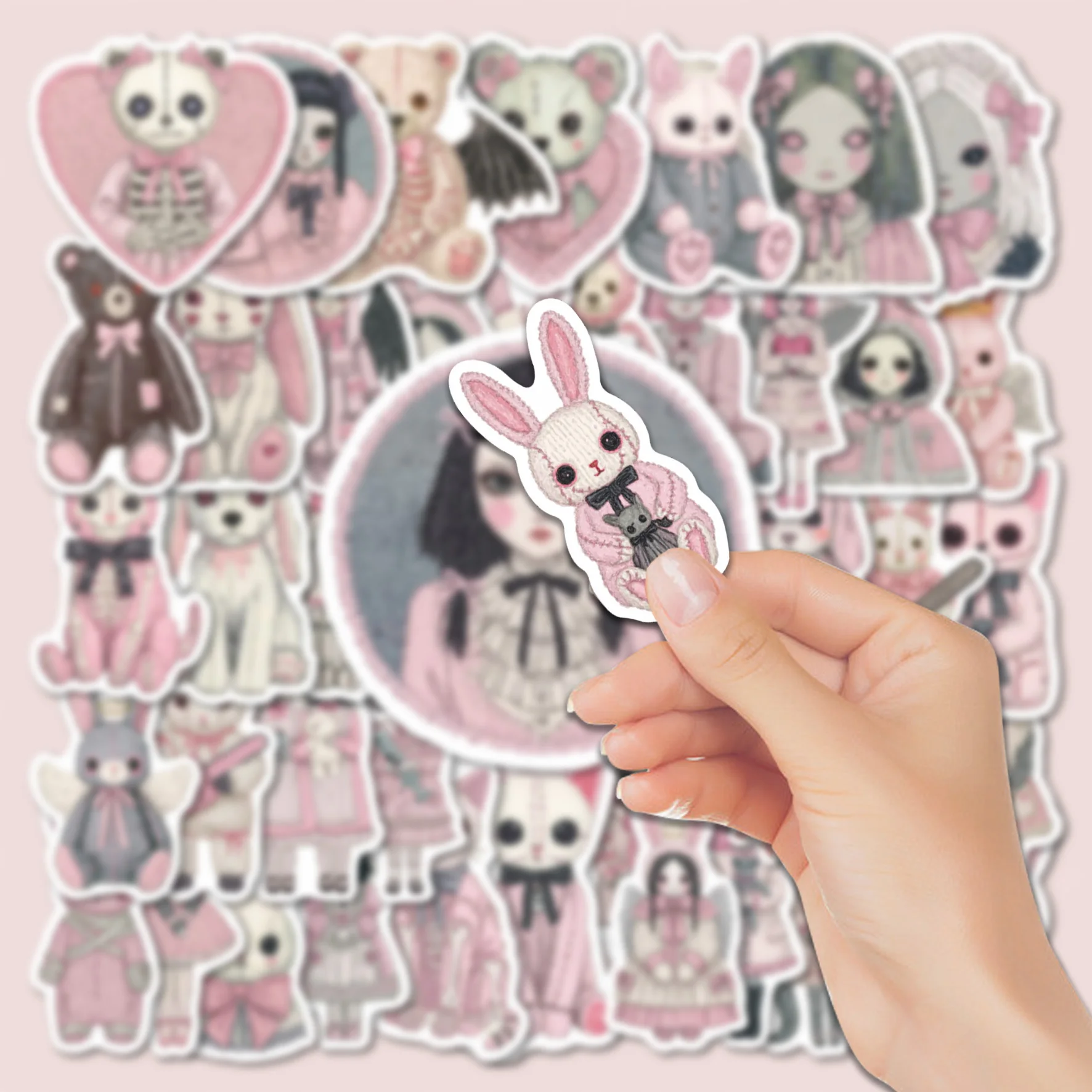 50 Pcs Gothic Vinyl Stickers Pack Pink Vintage Doll Skeleton Plush Bow Dark Aesthetic Art Decals for Phone Water Bottle Tablet S