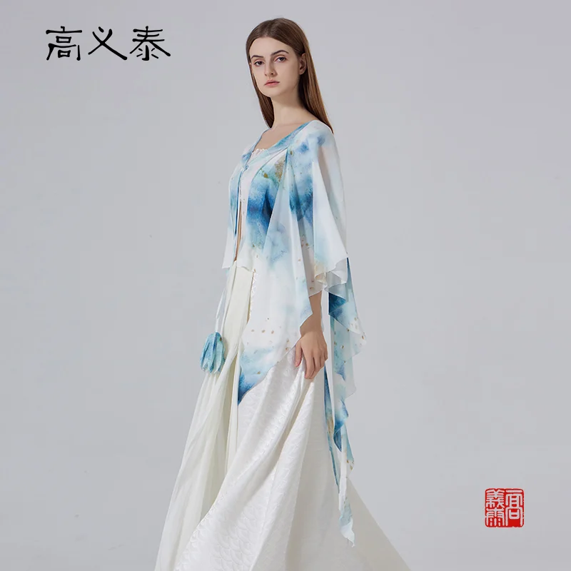 Gaoyitai Silk Printed Georgette V-neck Mid-sleeved Bias-bound Short CoatWY127