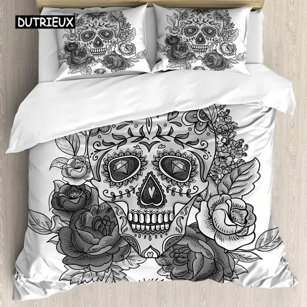 Sugar Skull Duvet Cover Set, Monochrome Skull with Roses Leaves and Diamond Shape Folklore Festival Print,Decorative Bedding Set