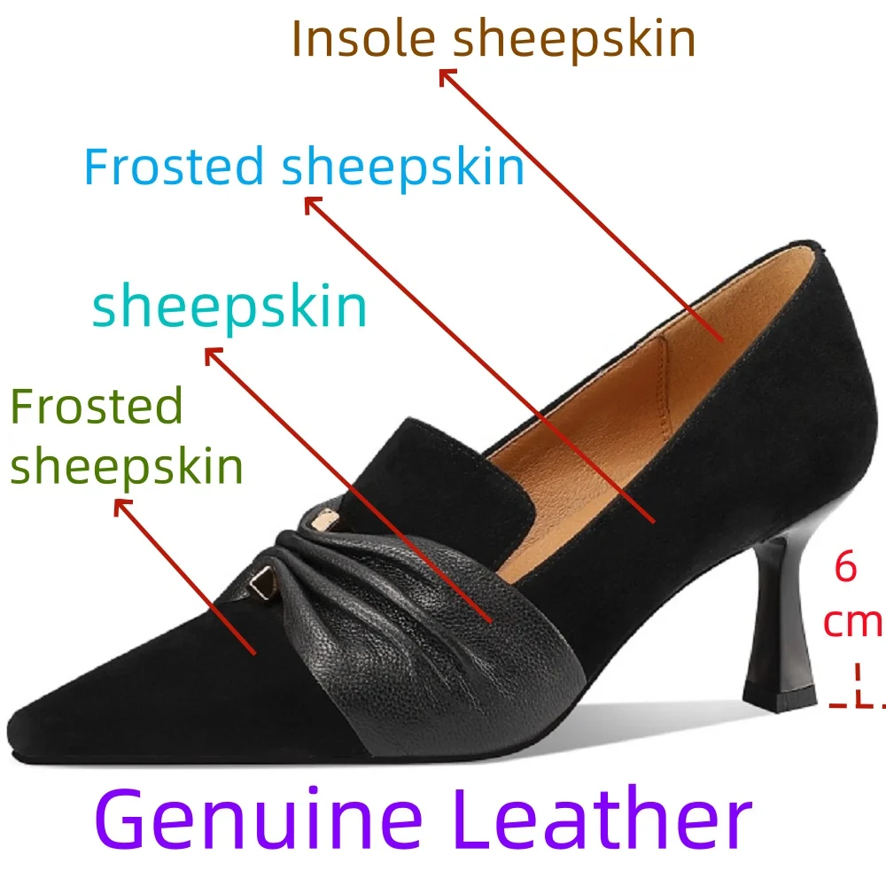 【JOCHEBED HU】Women\'s Handmade Genuine Leather Heel Shoes New Retro Suede Shallow Mouth Pointed Shoes Business Shoes 33-43