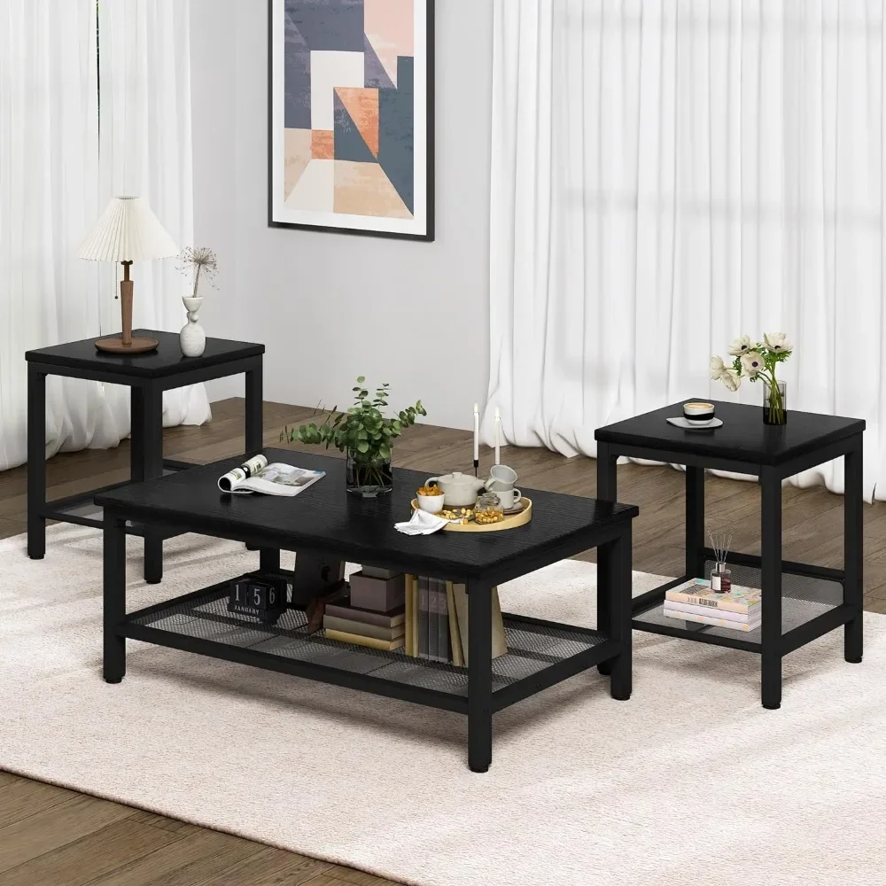 3 Pieces Living Room Table Set, Industrial Coffee Table with 2 Square End Side Tables, Coffee Table Set with Metal Frame