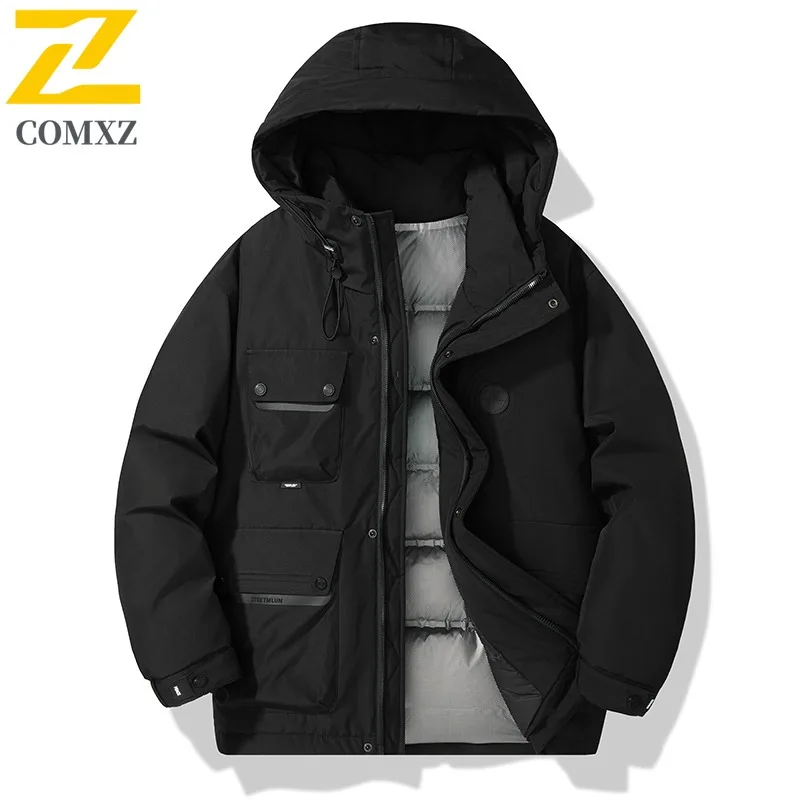 COMXZ 2025 Men Down Jacket Hooded Outdoor Travel Cold Protection Puffer Jacket Hiking Autumn Winter Lightweight Padded Jackets