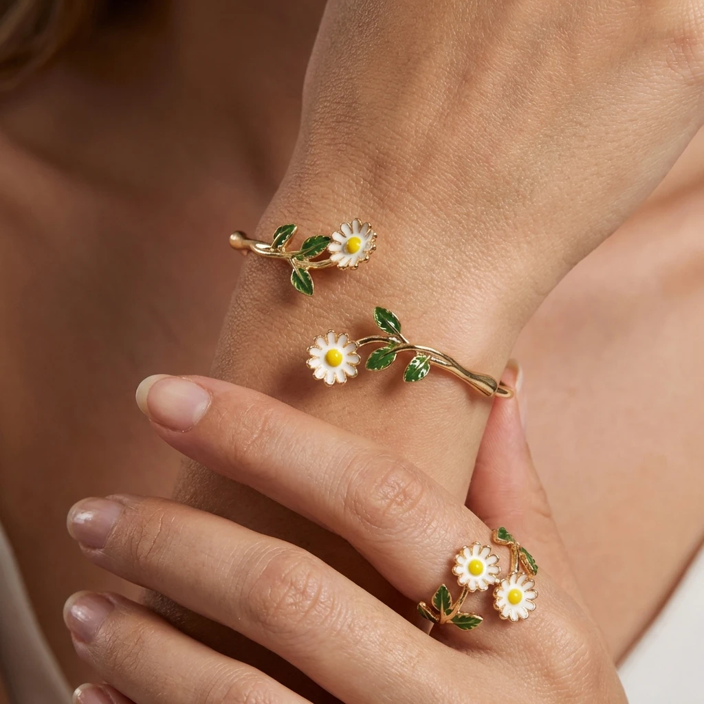 2-teiliges Elegantes Sonnenblumen-Armband und Ring Set für Damen, Emaille-Gänseblümchen Blumen-Manschette Armreif Fingerring Charms Party Hochzeit Schmuck – Detail 4