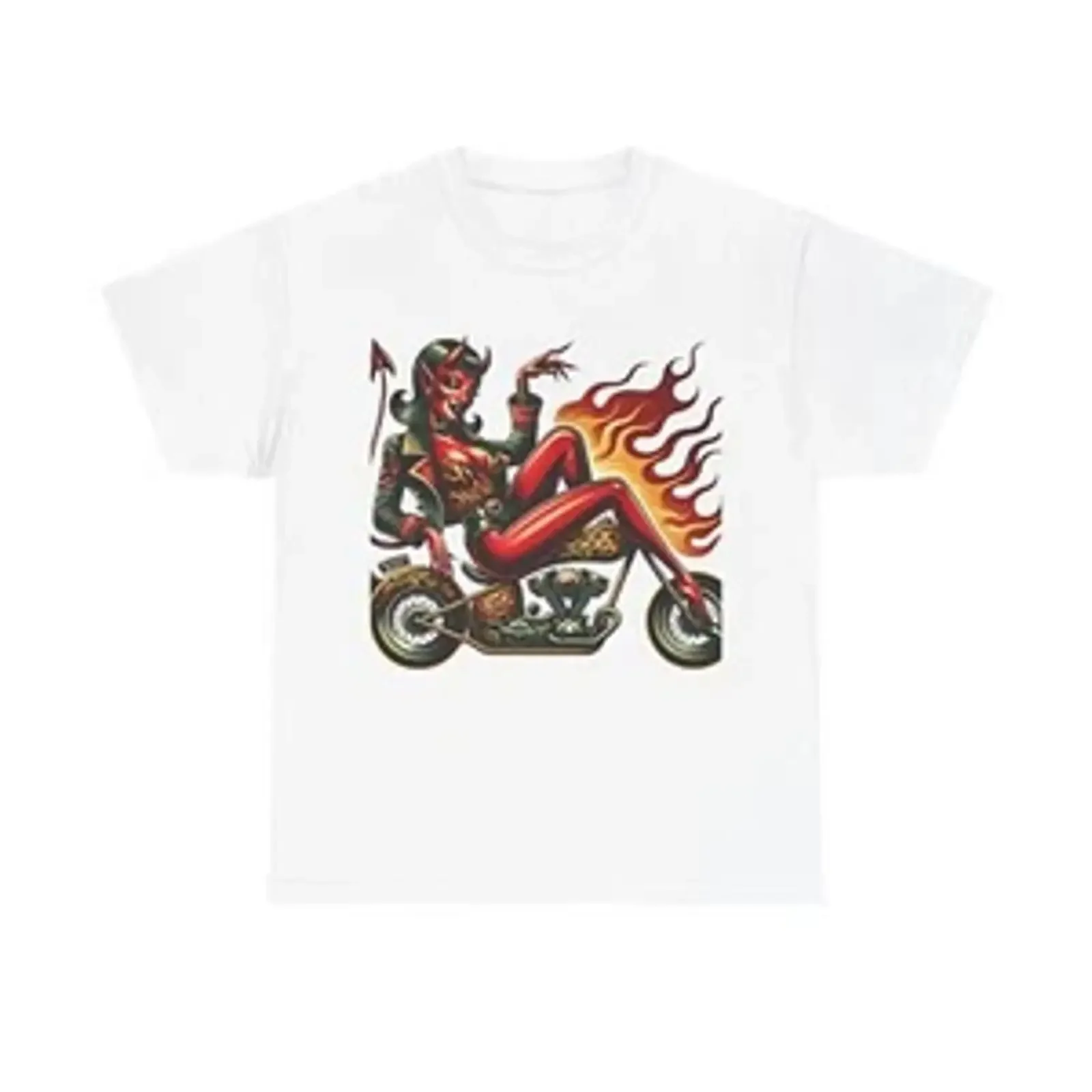 Adult T Shirt Devilish Pin Up Retro Tattoo Style Biker Motorcycle Babe vintage Washed Breathable Slightly Unisex graphic