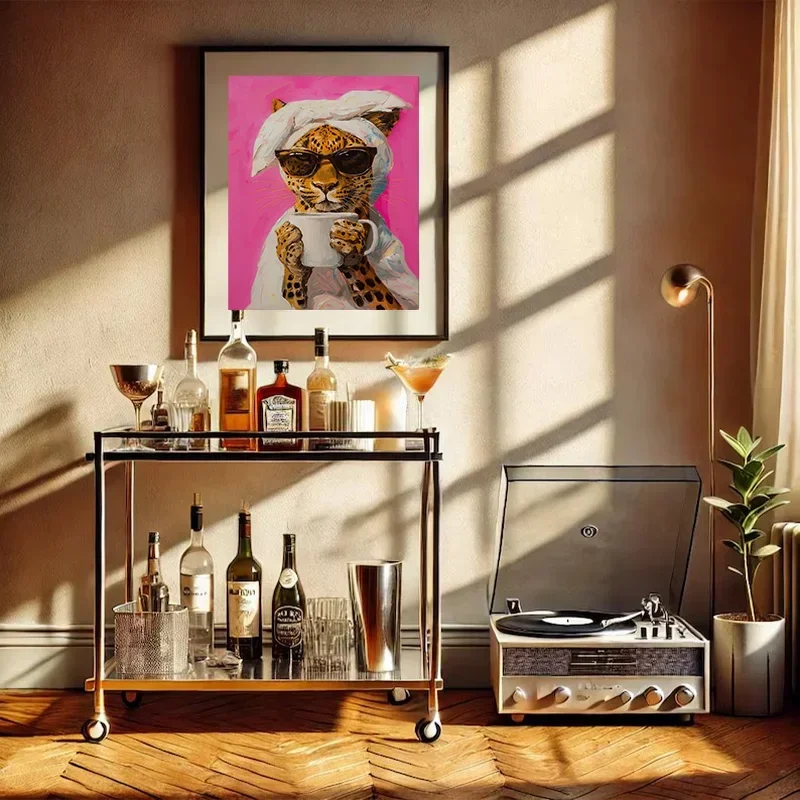Modern Animal Leopard Drinking Coffee Prints Canvas Painting Colorful Dopamine Posters for Living Room Wall Art Home Decoration