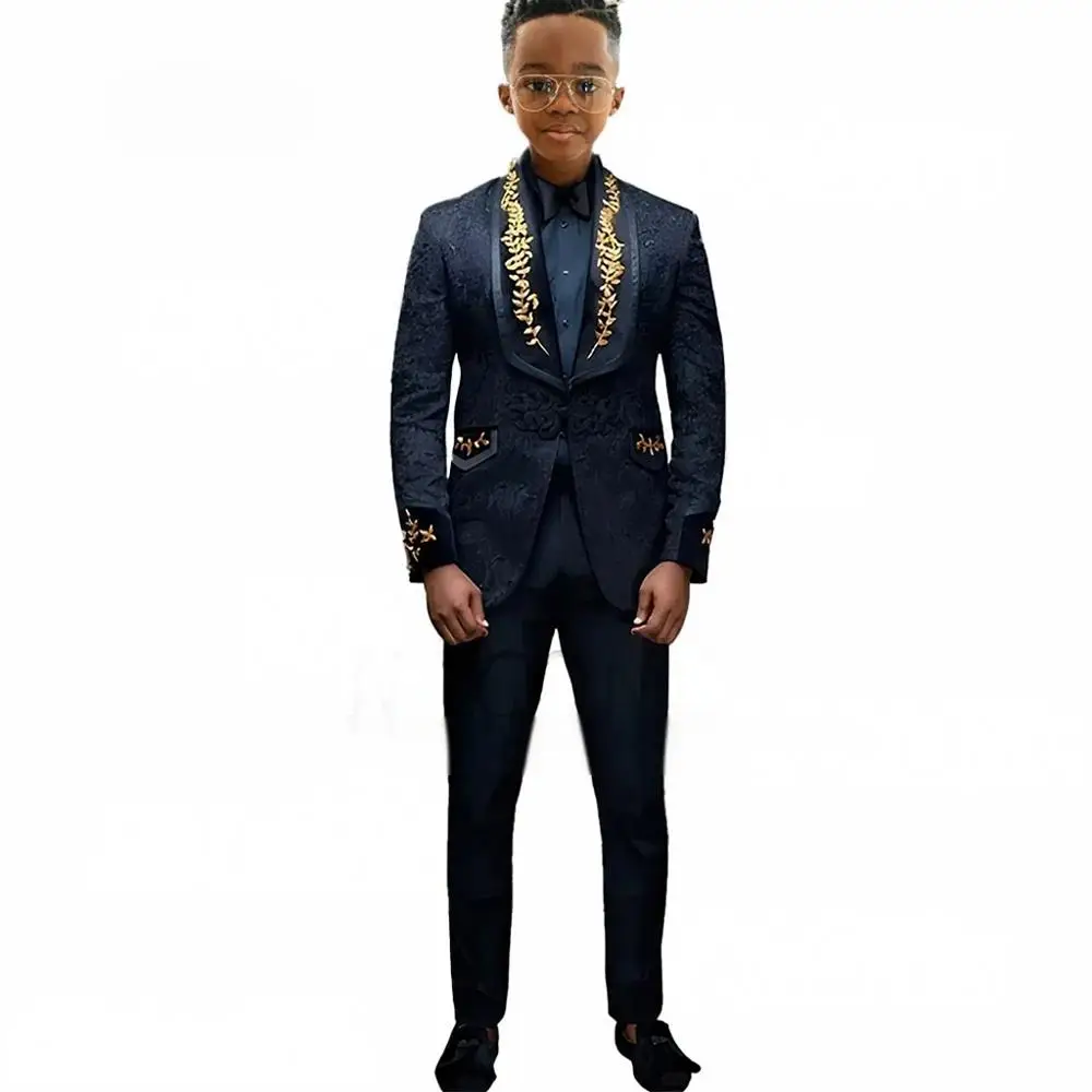 Black Pattern Kids Suit 2 Piece Single Breasted Blazer for Boys Wedding Tuxedo Jacket Pants Formal Clothes 2-16 Years Old