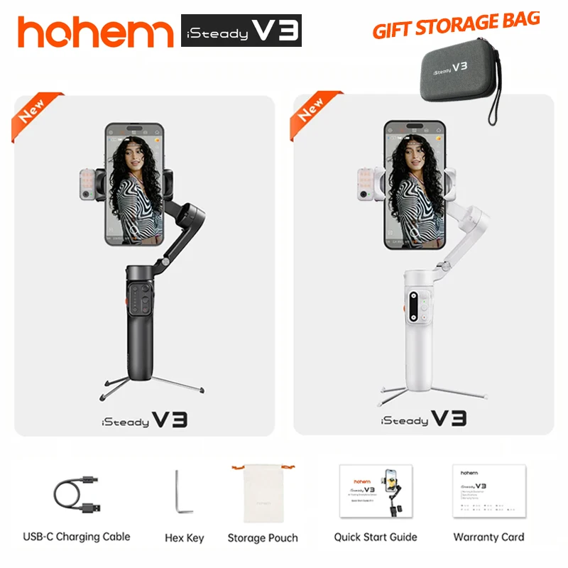 

hohem iSteady V3 Smartphone Stabilizer Ai Face Tracking 3-Axis Phone Gimbal Built-in Selfie Stick Portable iPhone15/Samsung