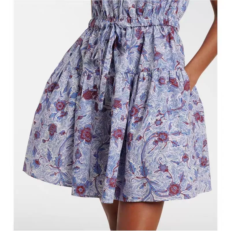 Women's Printed Mini Robe V-neck Bubble Sleeves Drawstring Elastic Waistband Dress