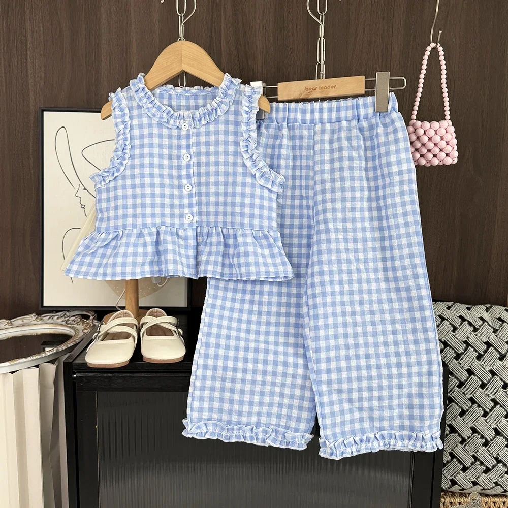 Korean Version Fashion Plain 2-10Y Girls Clothes Blue Checkered Printed Sleeveless Top+Casual Pants 2 Pcs Set