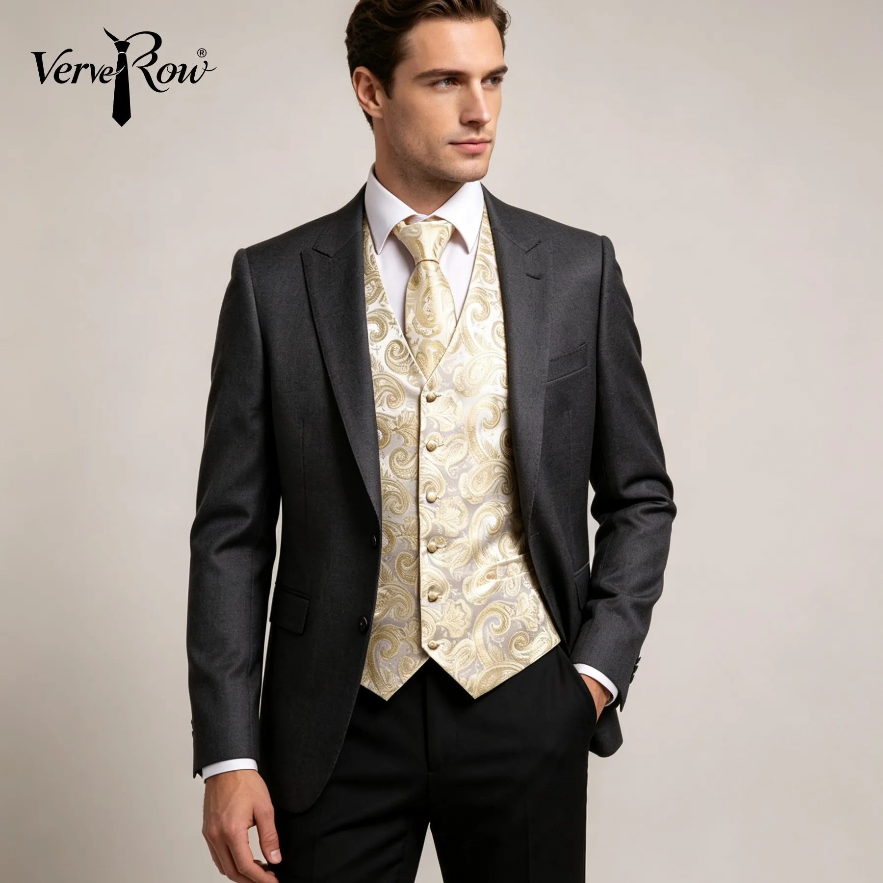 VERVEROW Gold Paisley Printed Waistcoat Tie Pocket Square Set for Wedding Party Elegant Luxury Men Formal Outfit 3PCS