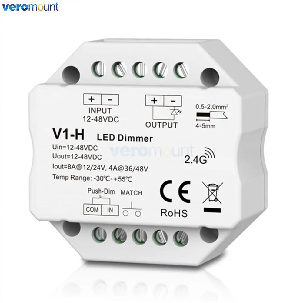 Skydance V1-H 12V 48V 24V 36V DC LED Dimmer Stepless Dimming RF Controller Push-Dim Wall Box Mounting for Single Color Strip