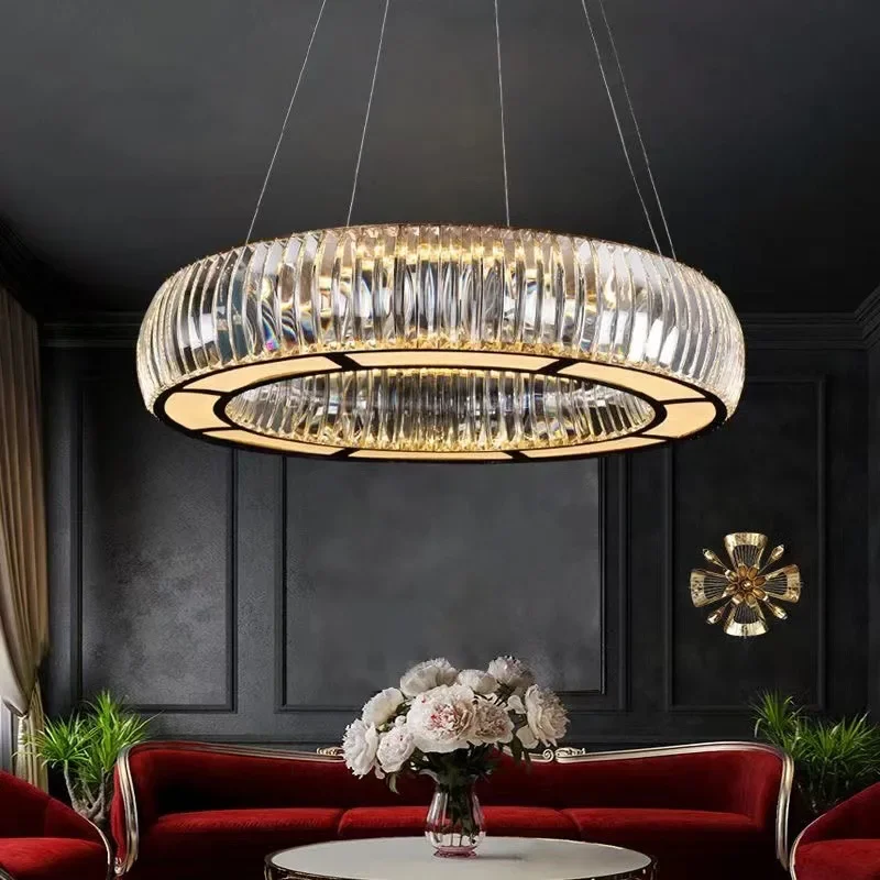 

Nordic modern luxury crystal ceiling chandelier Villa home decoration bedroom living room Kitchen golden luster ring Led light