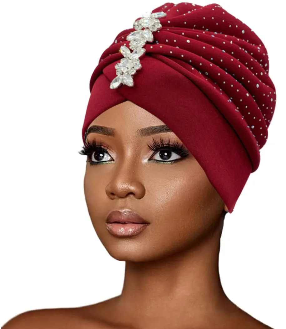 2023 Pleated Turban Cap With Shinny Rhinestone Women Fashion Head Wrap African Auto Gele Headtie Muslim Headscarf Bonnet