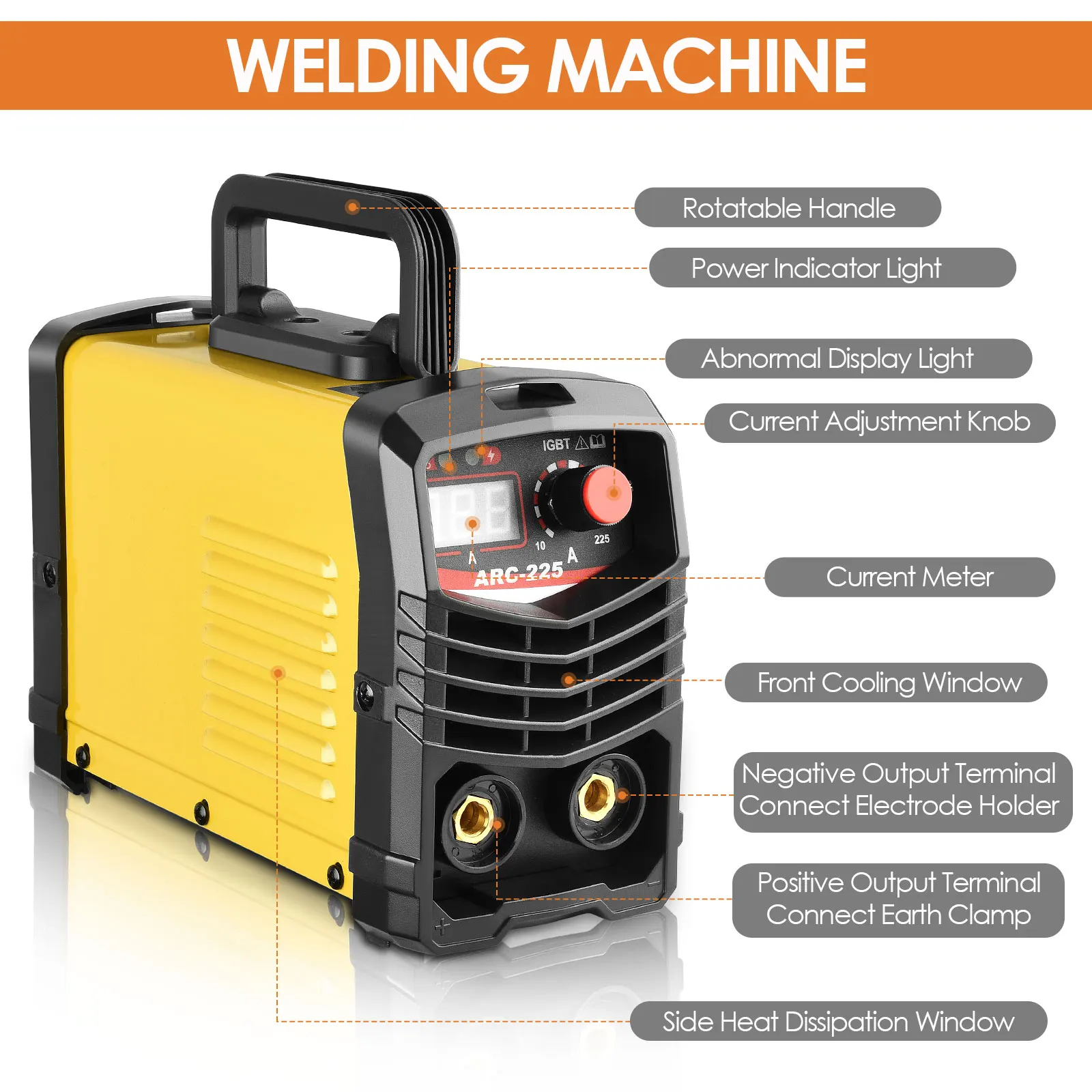 Saldatrice ARC-225 saldatrice elettrica IGBT LCD saldatrice Inverter saldatrice portatile con supporto per elettrodi Clip di messa a terra maschera