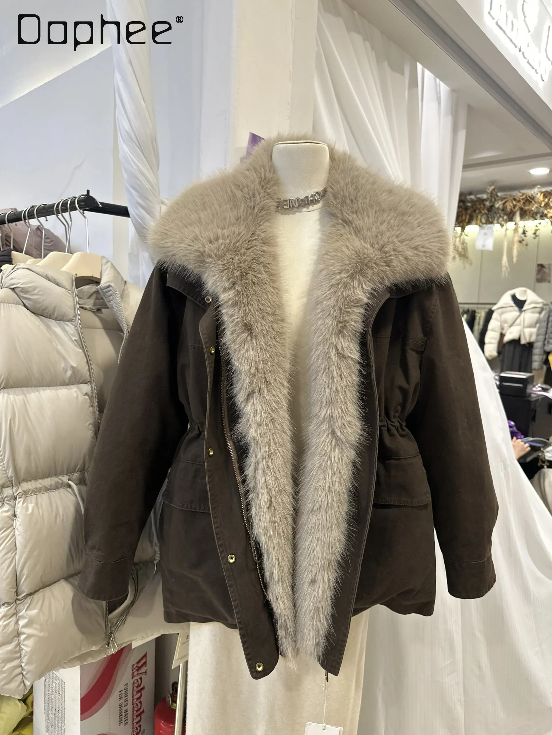 

Detachable Eco-Friendly Fur Patchwork Down Jacket for Women Korean Ins Street Fashion Loose Slimming White Duck Down Parka Coat