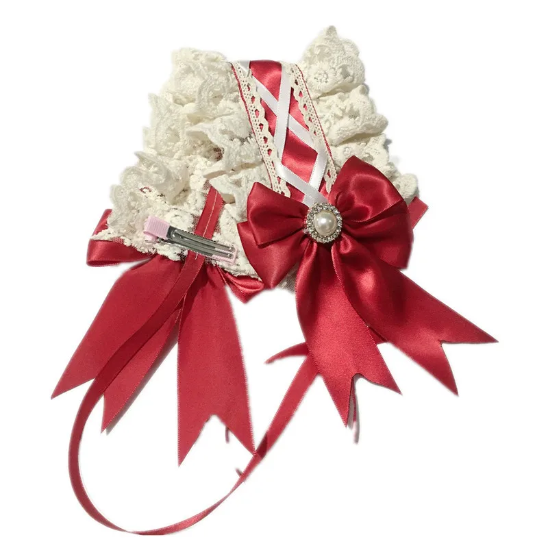女の子ロリータレースフリルヘッドバンドスウィートスター刺繍リボン弓ヘアバンドヘアピン付きアニメメイドコスプレ頭飾り
